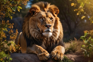 Obraz premium A lion resting on a rock. The lion is lying down with its head resting on its front paws and its body stretched out in front of it