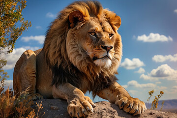 Obraz premium A lion resting on a rock. The lion is lying down with its head resting on its front paws and its body stretched out in front of it