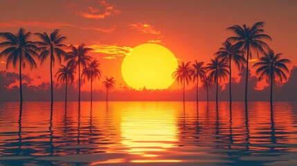 Tropical Sunset with Palm Trees and Reflective Water Landscape at Golden Hour