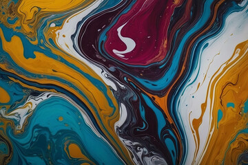 An abstract painting with a fluid and fluidity style. The background is a mix of blue, orange, and black colours, creating a wave-like pattern