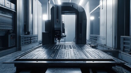 Obraz premium A CNC machine tool surrounded by industrial lighting and metal parts.