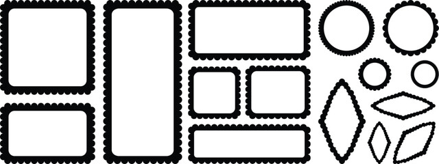 Color squiggle stories frames set. Zigzag wavy edges, retro scallop frames, psychedelic rectangles, photo frames, text boxes, tags, labels. Scallop edge border frame. Zigzag border frames