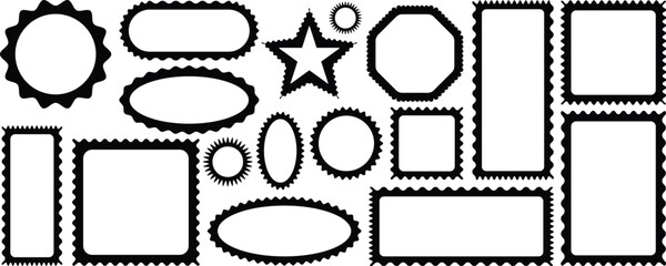 Geometric shapes with scallop and zigzag edges set. Silhouette stickers circle, square, oval and rectangle labels. Cloudy wave curve edge frame. wavy scalloped doodle drawn style for decoration