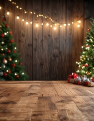 Empty wooden table with Christmas decorations and twinkling lights , christmas, wooden table, snowy background