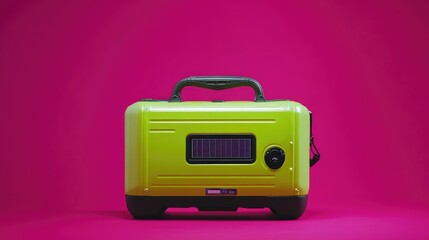 Obraz premium A generator with a bright green exterior and solar compatibility, displayed on a magenta background.