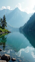 Ethereal haze shrouds a tranquil mountain lake scene, mountain, lake, tranquil