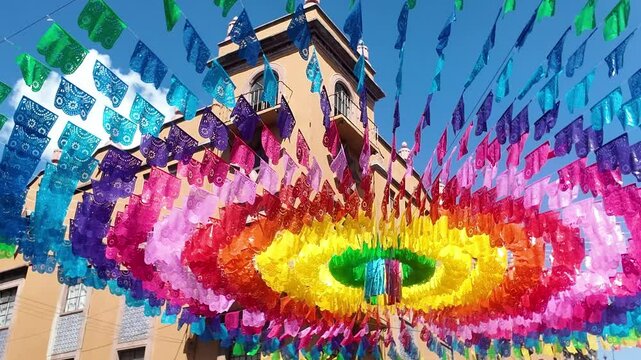 A colorful display of flags hangs from the ceiling