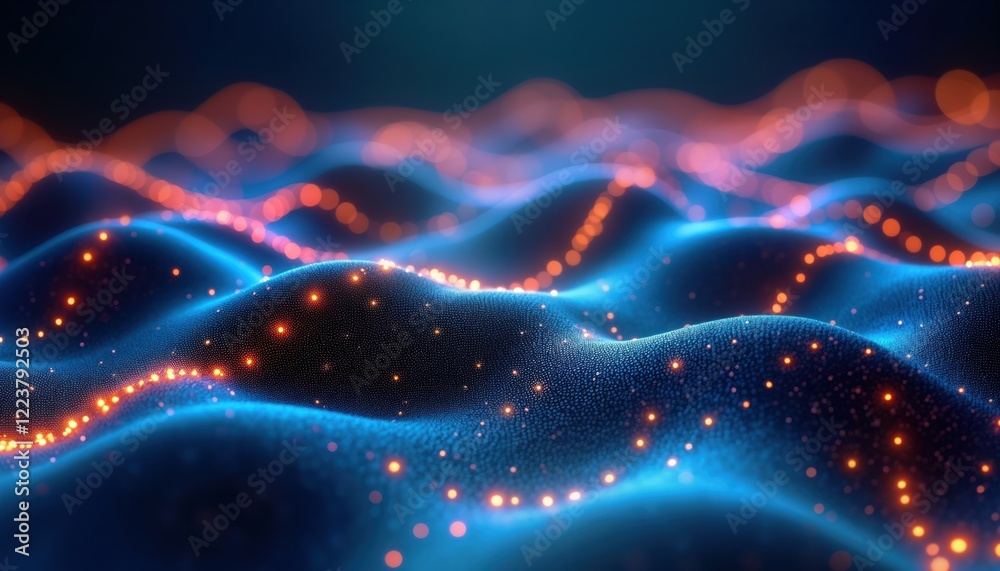 Leinwandbilder Abstract digital landscape displays dynamic data points. Networked data flows create vibrant visual landscape. Futuristic tech visualization shows interconnected nodes, complex systems in virtual