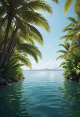 Fototapeta premium Exotic palm fronds surround a serene body of water, , lush surroundings