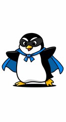Adorable Superhero Penguin Cartoon Character in Blue Cape Illustration