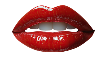 Luscious Red Lips: Close-up shot of full, luscious red lips with glossy lipstick, subtly parted to reveal a hint of a smile.  The image is striking and seductive, perfect for beauty, fashion.