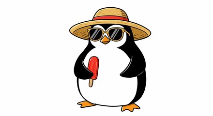 Cool Penguin in Summer Hat and Sunglasses Enjoying Popsicle