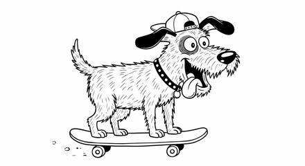 Happy Dog Skateboarding Cartoon Canine Wearing Cap Black and White Illustration