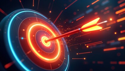 High-tech target with glowing rings, arrow piercing center. Dynamic illustration of business success, goal achievement. Modern visual represents reaching goals, precise targeting. Image conveys