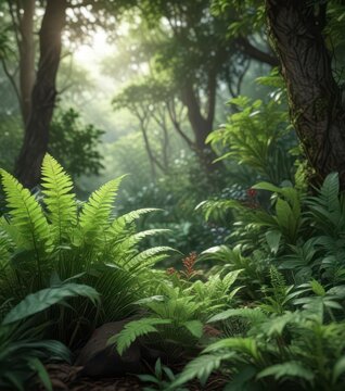 Close-up of exotic herbs in a lush forest environment with greenery and tree branches,  leafy greens,  botanicals,  foliage