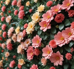 Close-up of intricate artificial flower wall with intricate details , background pattern, close up, flower wall