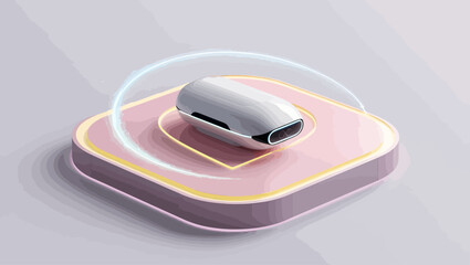 Futuristic white device sits on pink stand with magical light effect