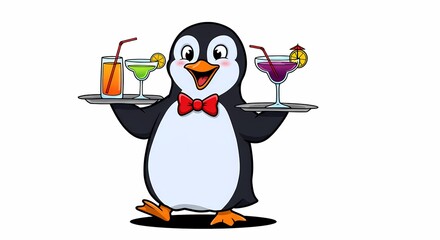 Obraz premium Cheerful Penguin Waiter Serving Colorful Cocktails on Tray Cartoon Illustration