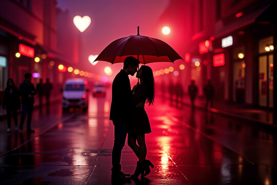 Romantic Valentine’s Day couple embracing under an umbrella in neon-lit city