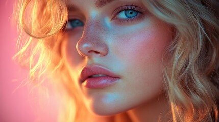 Obraz premium Close-up of a woman's face showing rosacea with calm expression green eyes and natural beauty in pastel colors
