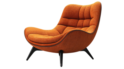 Burnt Orange Modern Armchair: A stylish burnt orange armchair with a unique, sculpted design and dark legs offers a touch of mid-century modern flair to any living space.