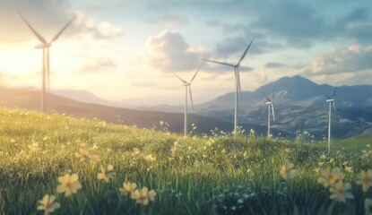 renewable or green energy concept picture of futuristic wind turbines farm.