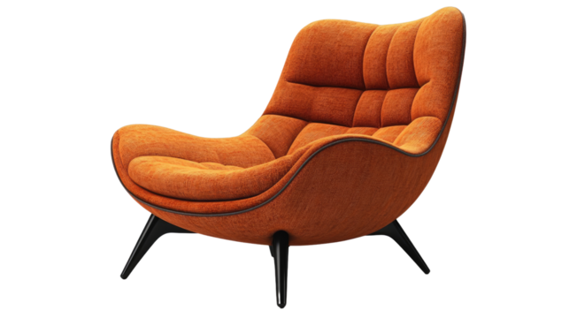 Burnt Orange Modern Armchair: A stylish burnt orange armchair with a unique, sculpted design and dark legs offers a touch of mid-century modern flair to any living space.