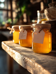 In a warm and inviting shop, artisanal honey jars gleam under soft light