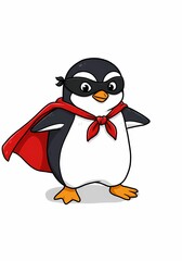 Fototapeta premium Adorable Superhero Penguin Cartoon Illustration Wearing Cape and Mask