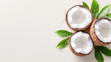 Tropical coconuts halved, leaves, white background. Food, health, recipe blog, website banner