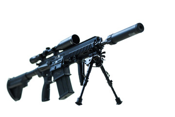 Close-up View of a Tactical Rifle with Scope and Bipod