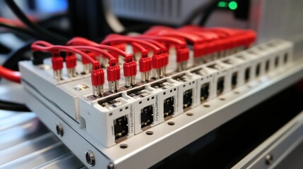 A detailed view of a PLC processor module with clearly visible inputoutput ports.