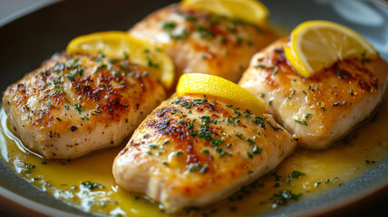 Savory chicken with lemon and oregano served on a rustic plate