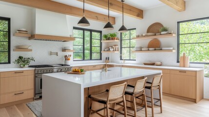 A Scandinavian-inspired kitchen with open shelving, light wood finishes, and a cozy atmosphere.