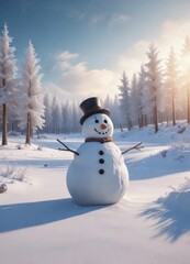 Obraz premium Frosty winter landscape with snowman in center, peaceful, serene scenery