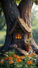 Fototapeta premium little house of an elf in a big tree with copy space vertically 9:16