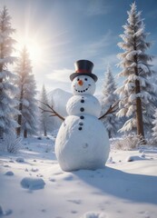 Obraz premium Frosty winter landscape with snowman in center, serene, peaceful, frozen