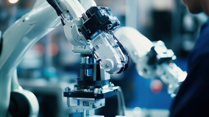 A close-up of a factory technician calibrating industrial robots on a production line, Robotic calibration scene, Automation precision style