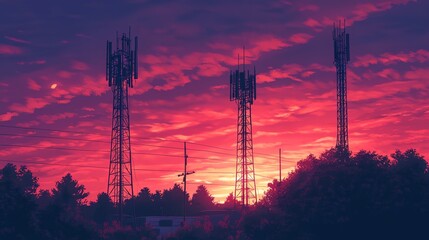 Fototapeta premium A sunset with three tall towers in the background