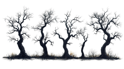 Silhouette of Dead Trees: Five gnarled, leafless trees stand stark against a clean background, their silhouettes creating a dramatic and haunting scene.