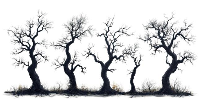 Silhouette of Dead Trees: Five gnarled, leafless trees stand stark against a clean background, their silhouettes creating a dramatic and haunting scene.
