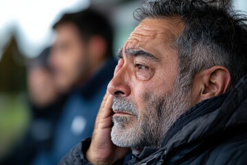 A middle-aged man in casual clothing is seen lost in thought, his facial expression conveying deep emotion amid a casual gathering, portraying a universal human experience.