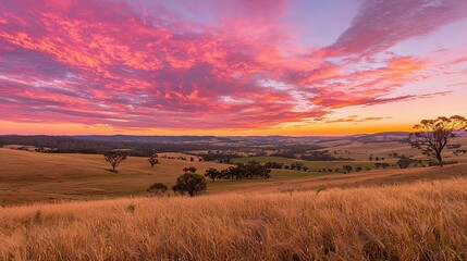 Fototapeta premium Vibrant sunset over rolling hills with golden grass and scattered trees, showcasing nature's beauty