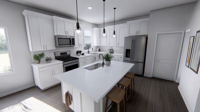 A sleek, modern kitchen with white countertops, stainless steel appliances, and pendant lights over a large island.