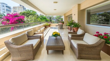 A spacious balcony with neutral furniture, a clean aesthetic, and a row of flowering plants in pots, captured from overhead.