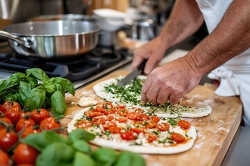 A close-up of hands chopping herbs on fresh pizza dough, surrounded by vibrant cherry tomatoes and fresh basil, highlighting the joy and art of cooking at home.