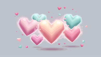 Pastel Hearts Floating Sparkles on Gray Background Love Romance