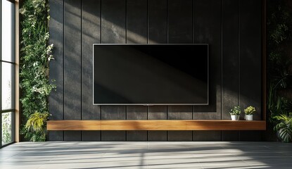Fototapeta premium Minimalist Interior Scene with Large TV on Dark Wall and Natural Light