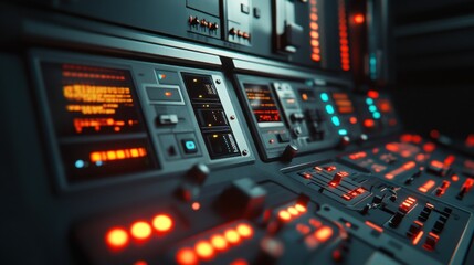 Obraz premium A futuristic industrial control system with PLC units glowing and connected to devices.