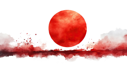 Crimson Sunset: A vibrant watercolor painting depicts a large, fiery red sun setting over a dark, abstract landscape, creating a dramatic and atmospheric scene.